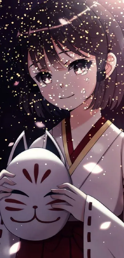 Anime girl with mask and petals in serene setting.