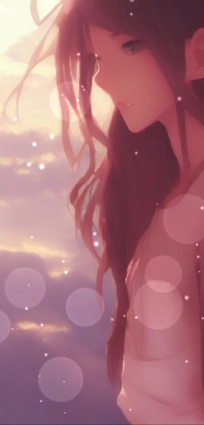 Serene anime girl with flowing hair in soft pastel sky.