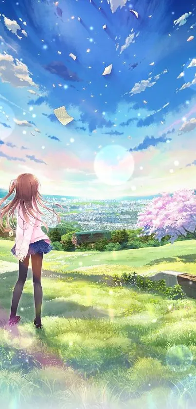 Anime landscape with vibrant sky and cherry blossoms.