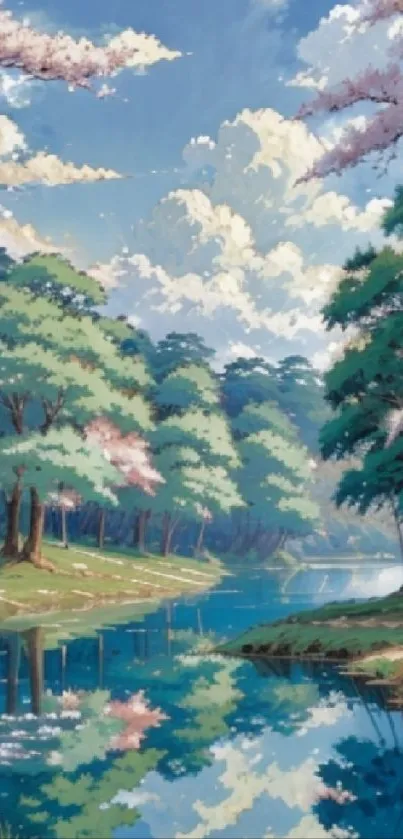 Picturesque anime wallpaper of a serene river and lush landscape.