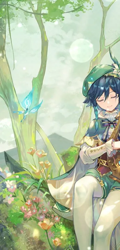 Anime character plays lyre in peaceful forest setting.