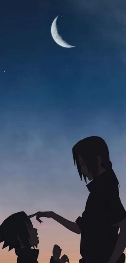 Anime silhouette beneath crescent moon at twilight.