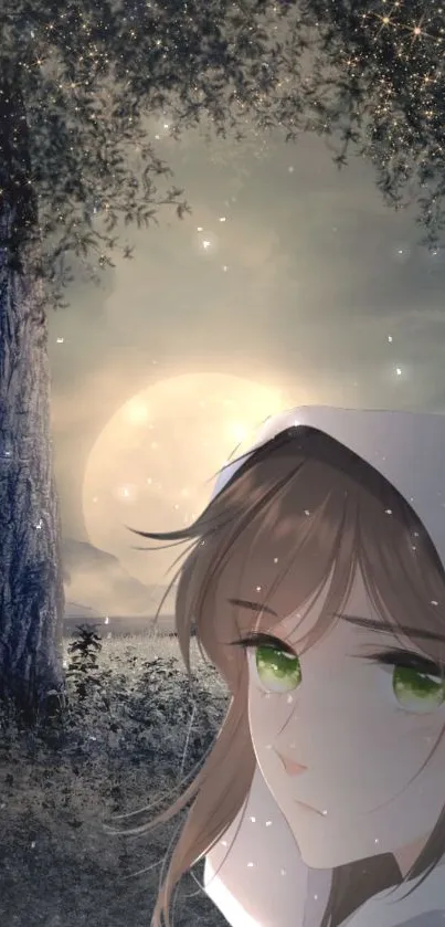 Dreamy anime girl with green eyes under a moonlit sky.