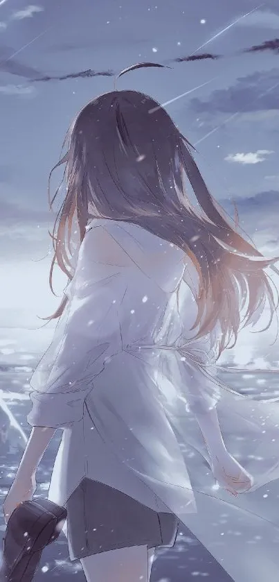 Anime girl standing by the sea under a starlit sky.