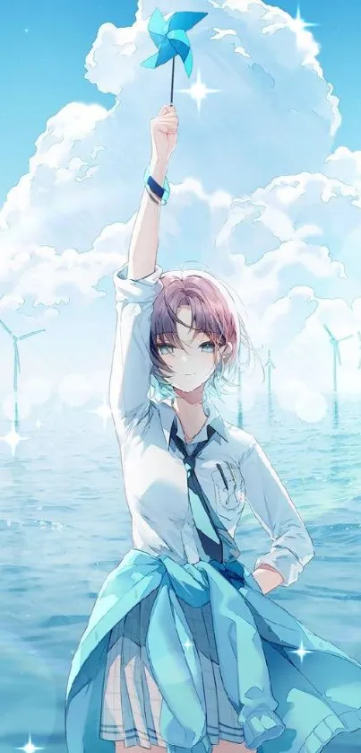 Anime character with pinwheel by ocean and clouds.