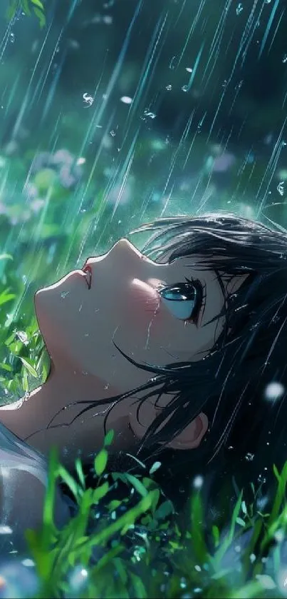 Anime character in rain with serene expression, lying on grass.
