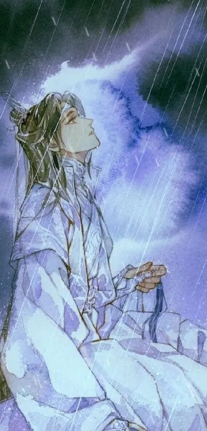 Anime character meditating in rain, tranquil scene.