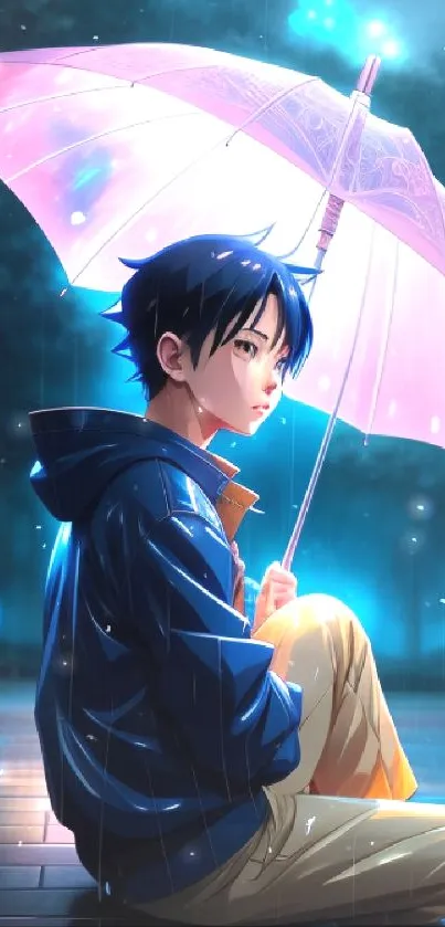 Anime character sitting with an umbrella in the rain, glowing softly.