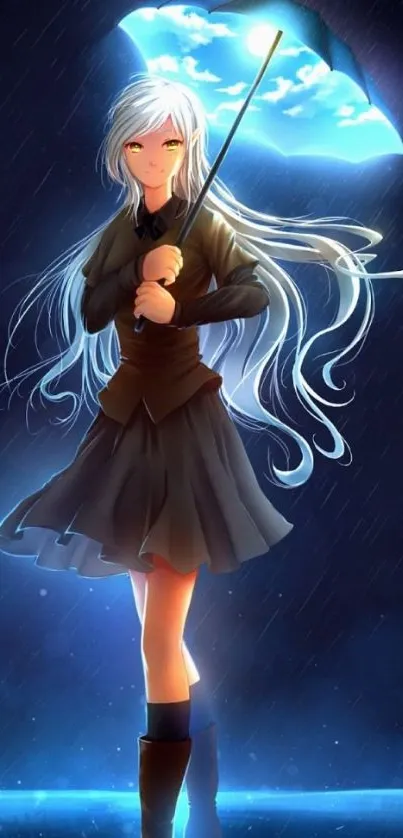 Anime girl with umbrella under rain, glowing background.