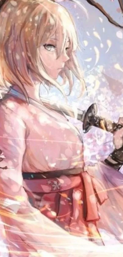 Anime girl with sakura blossoms and sword in a pink hue.