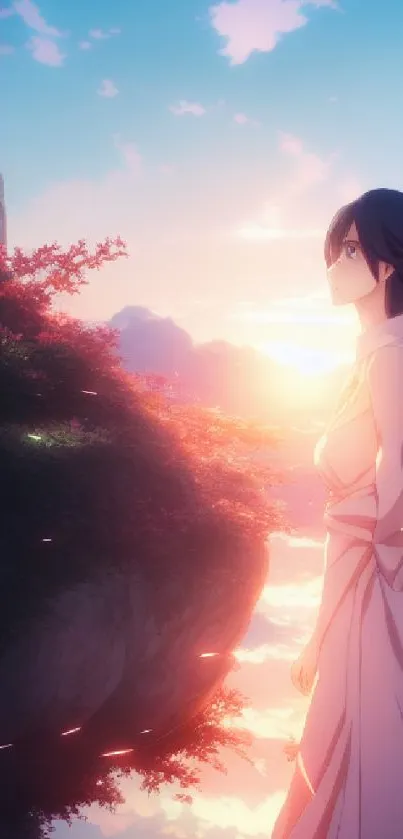 Anime character gazing at a stunning sunset over a serene landscape.