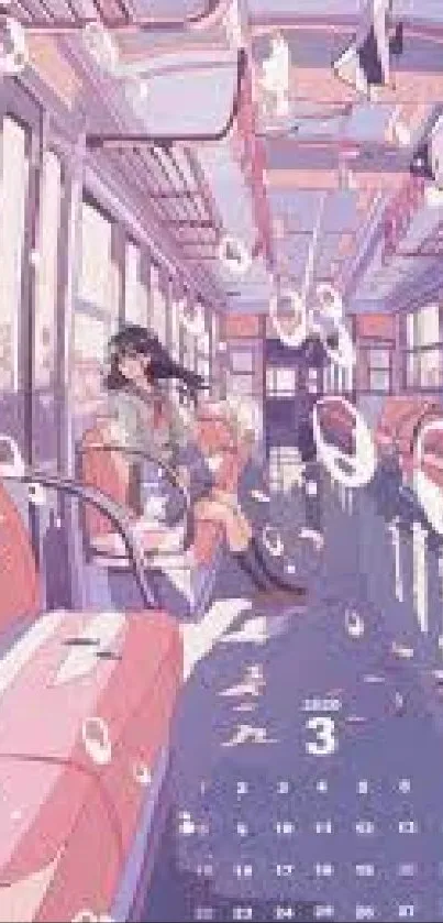 Anime wallpaper of a serene train interior with pastel colors.