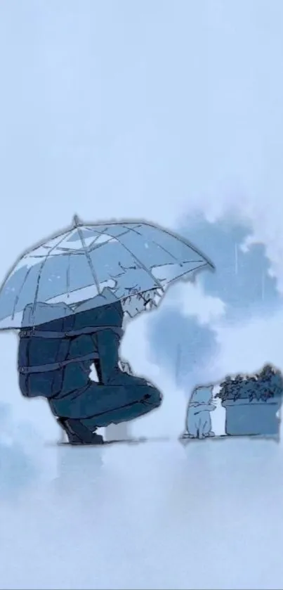 Anime character under an umbrella in pastel blue hues.