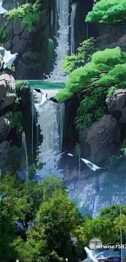 Anime waterfall landscape with lush greenery and birds in flight.