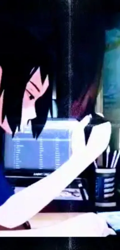 Anime character at desk with a computer screen and blue background.