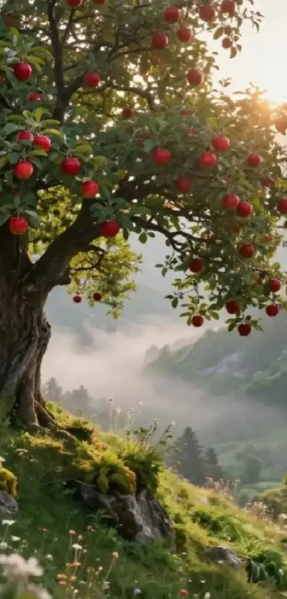 A tranquil landscape with a lush apple tree and misty mountains.