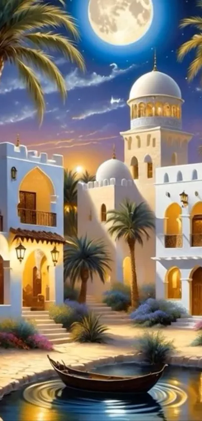 Moonlit Arabian architecture with palm trees.