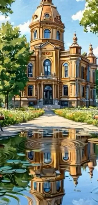Grand building reflected in tranquil park pond.