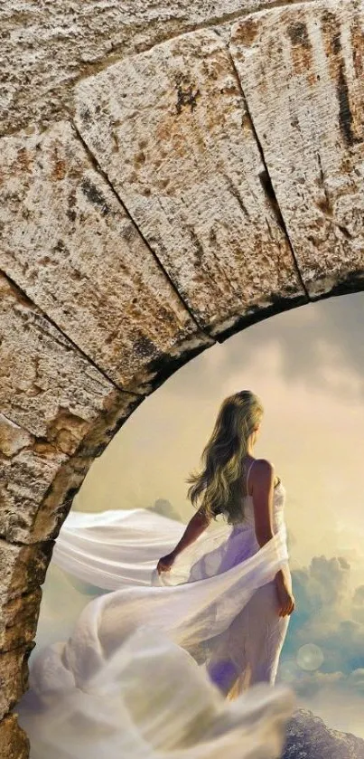 Woman in white dress above clouds through stone archway.