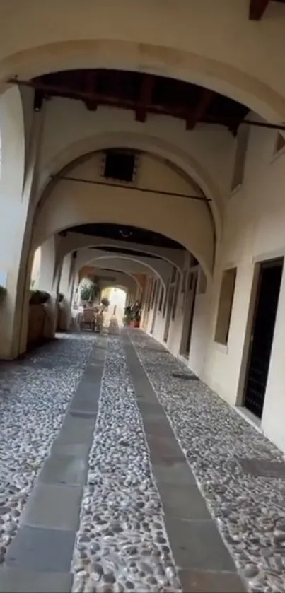 Arched stone pathway under a calm, beige archway.