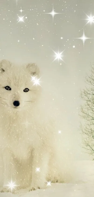 Serene arctic fox in snowy landscape with tree and stars.