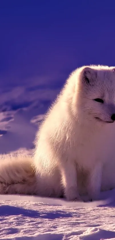 A peaceful Arctic fox sits on snowy ground under a purple blue sky.