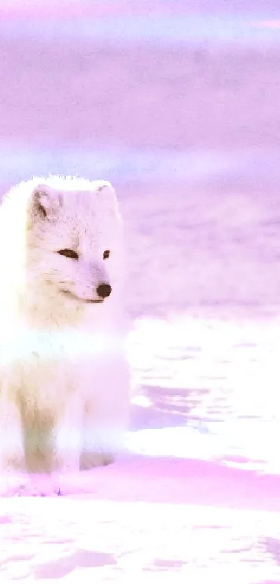 A serene white arctic fox on a snowy lavender landscape.