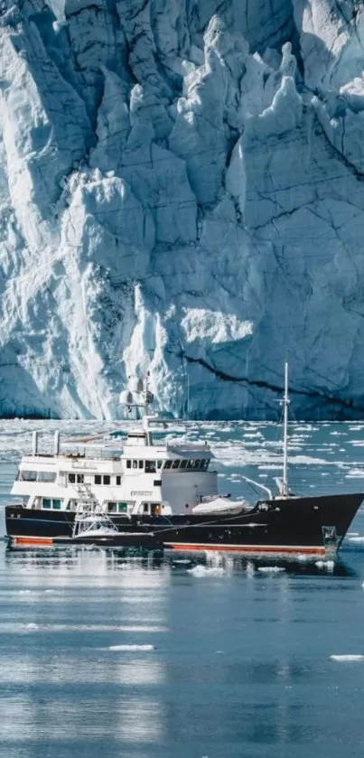 Boat sailing near majestic glacier in Arctic landscape.