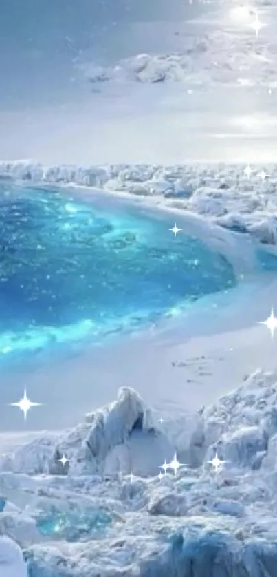 Serene Arctic landscape with blue icy waters and snow.