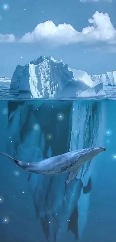 Whale swimming below an Arctic iceberg with stars in the sky.