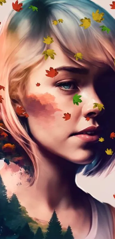 Artistic portrait wallpaper featuring nature elements in soft, pastel colors.