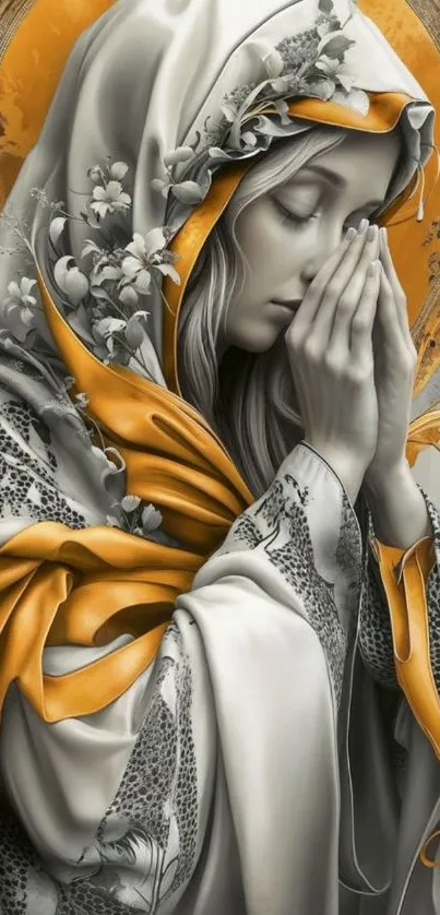 Saintly figure in prayer with gold accents