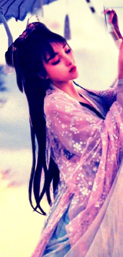 Serene Asian art wallpaper with elegant figure.