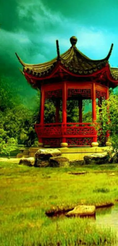 Red pagoda in lush Asian garden landscape.