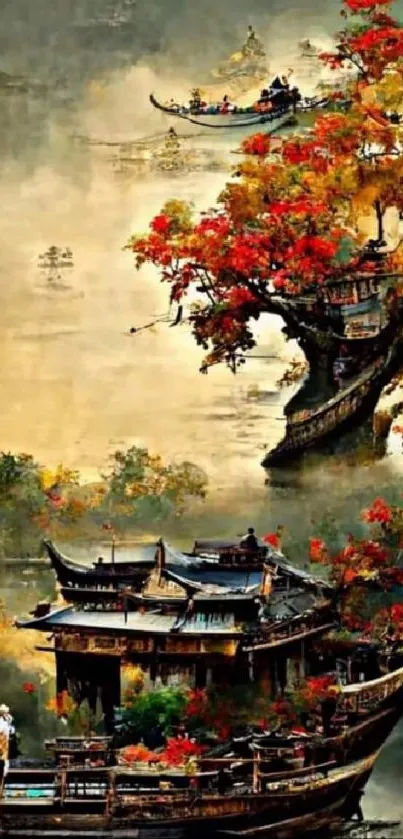 Traditional Asian boats in autumn landscape art.