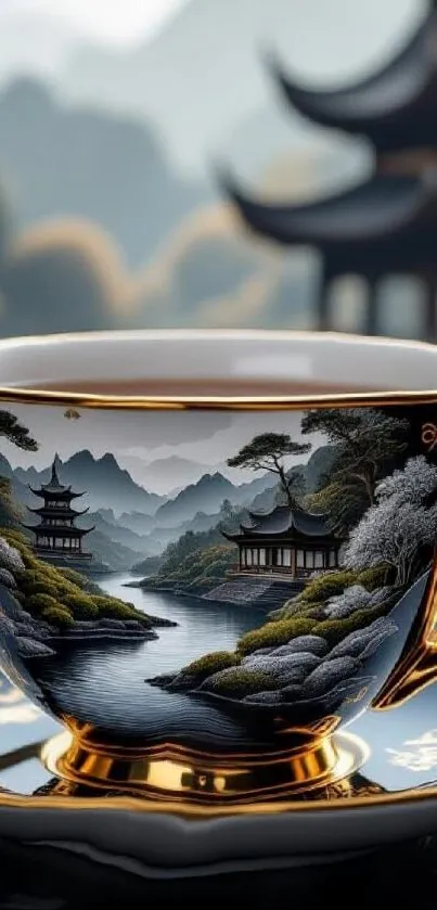 Exquisite teacup with Asian landscape design.