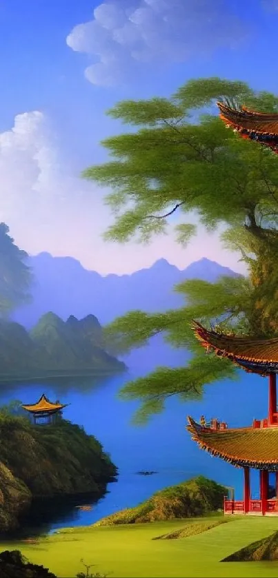 Beautiful Asian landscape with temple and mountains, vibrant and serene.