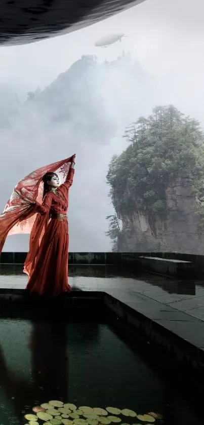 Misty Asian landscape with figure in red dress and tranquil water on a mobile phone wallpaper.