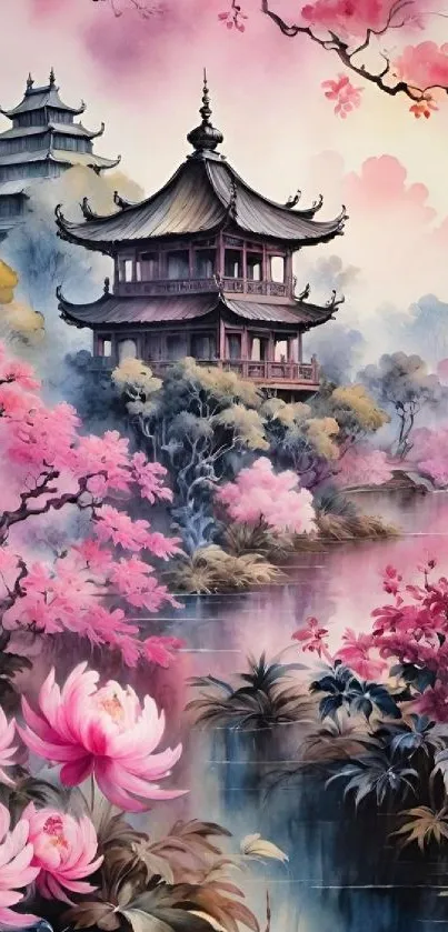 Japanese garden wallpaper with pink blossoms and serene water.