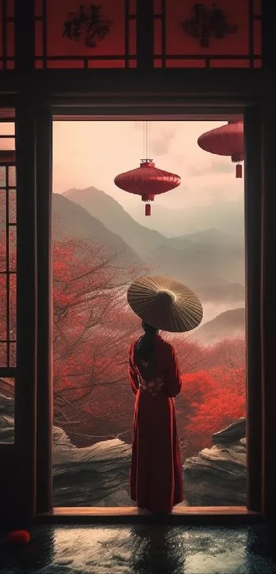 Serene Asian landscape with a traditional figure and vibrant red hues.