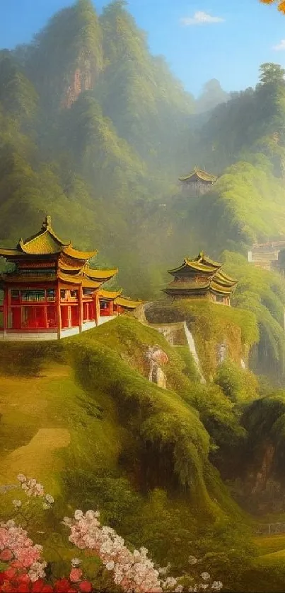 Asian mountain landscape with traditional pagoda and lush greenery.