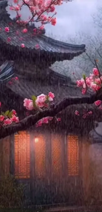 Traditional Asian house with cherry blossoms in rain at night.