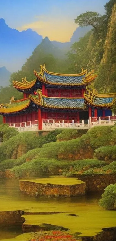 Asian temple nestled in lush greenery and cliffs.