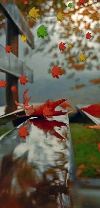 Autumn leaves on a park bench with serene background.