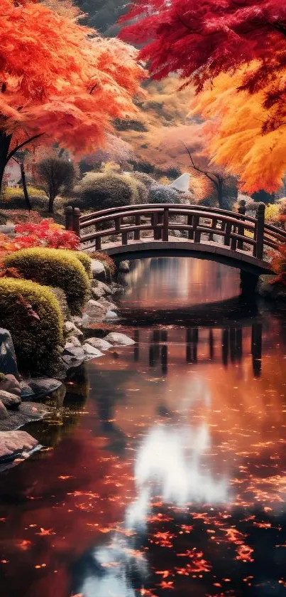 Autumn bridge over reflective pond.