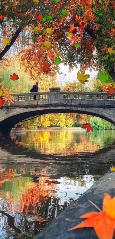 Autumn bridge over a reflective river with colorful fall leaves.