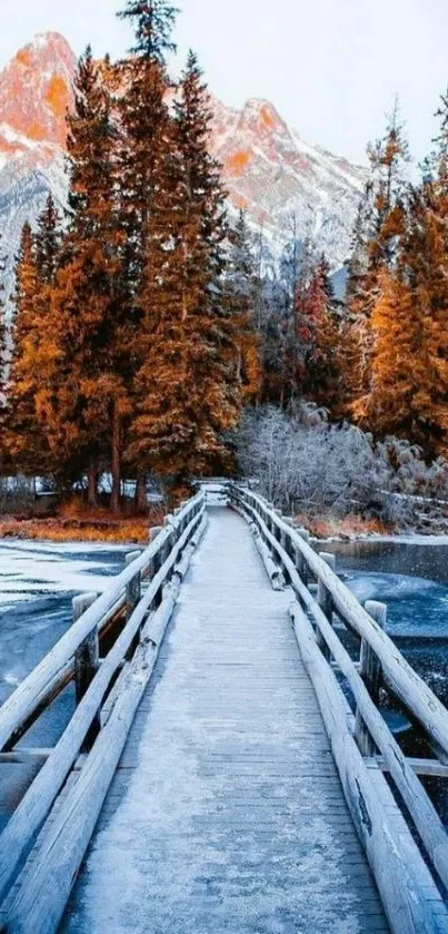 Peaceful bridge surrounded by vibrant autumn trees and mountains.