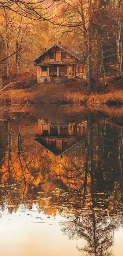 Autumn cabin by lake with reflections and orange foliage.