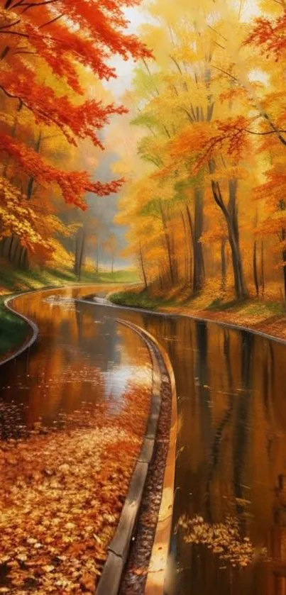 Peaceful autumn scene with orange leaves reflecting in a canal.