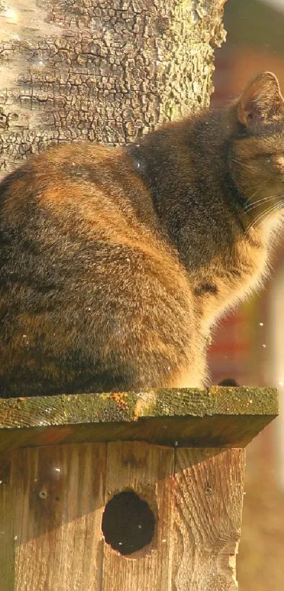 Cat perched on a wooden birdhouse in autumn setting.